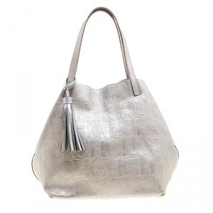 Pre Owned Carolina Herrera Silver Monogram Leather Matryoshka Tote