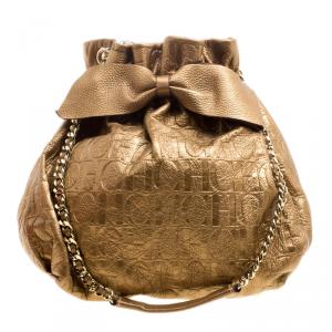Carolina Herrera Gold Monogram Embossed Leather Bow Bucket Shoulder Bag