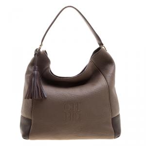 Carolina Herrera Khaki and Brown Leather Tassel Hobo