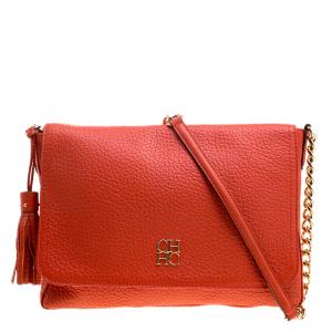 Pre Owned Carolina Herrera Red Pebbled Leather Flap Shoulder Bag