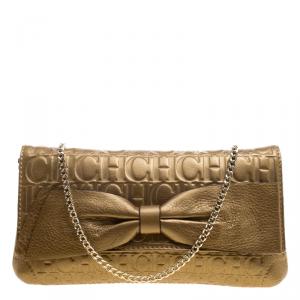 Pre Owned Carolina Herrera Gold Monogram Leather Bow Bag