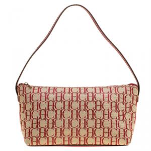 Pre Owned Caroline Herrera Beige/Red Monogram Canvas Pochette