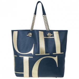 Pre Owned Carolina Herrera Blue Leather Logo Tote