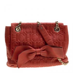 Pre Owned Carolina Herrera Red Monogram Leather Audrey Shoulder Bag