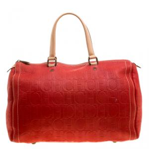 Pre Owned Carolina Herrera Red Monogram Leather large Andy Boston Bag