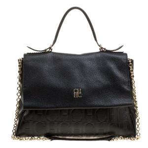 Pre Owned Carolina Herrera Black Monogram Leather Top Handle Shoulder Bag