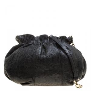 Pre Owned Carolina Herrera Black Monogram Leather Drawstring Shoulder Bag