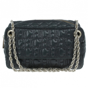 Pre Owned Carolina Herrera Black Leather Monogram Shoulder Bag