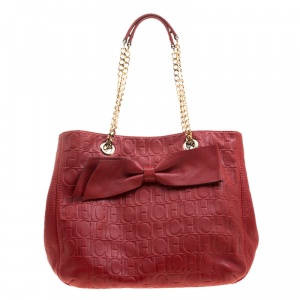Pre Owned Carolina Herrera Red Monogram Leather Audrey Tote