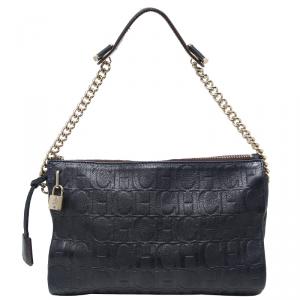 Carolina Herrera Black Monogram Embossed Leather Chain Shoulder Bag