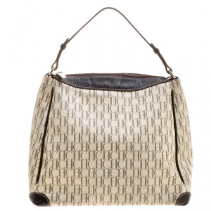 Pre Owned Carolina Herrera Light Beige/Dark Brown Monogram Coated Canvas Hobo