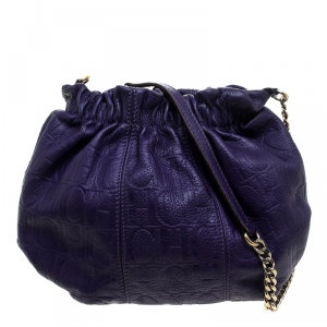 Carolina Herrera Purple Embossed Leather Bucket Shoulder Bag