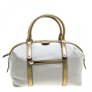 Pre Owned Carolina Herrera White/Gold Leather Boston Bag