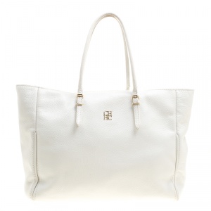 Pre Owned Carolina Herrera White Leather Shopper Tote