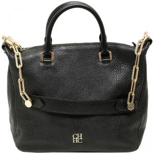 Carolina Herrea Black Pebbled Leather Chain Top Handle Bag
