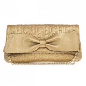 Pre Owned Carolina Herrera Gold Monogram Embossed Bow Bag