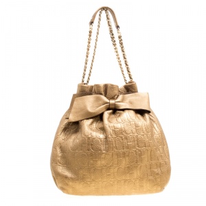 Carolina Herrera Gold Monogram Embossed Leather Bow Bucket Hobo