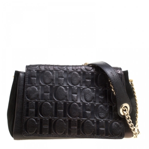 Pre Owned Carolina Herrera Black Nubuck and Monogram Leather Shoulder Bag