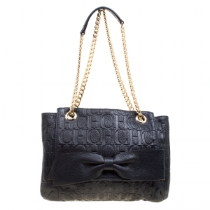 Pre Owned Carolina Herrera Dark Blue Monogram Leather Audrey Shoulder Bag