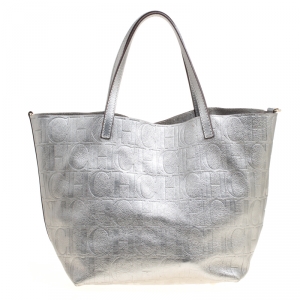 Pre Owned Carolina Herrera Silver Monogram Leather Matryoshka Tote