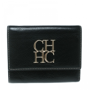 Pre Owned Carolina Herrera Black Leather Tri Fold Compact Wallet