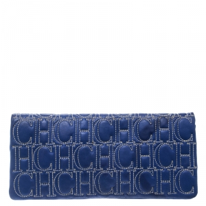 Pre Owned Carolina Herrera Blue Monogram Leather Jerry Clutch 