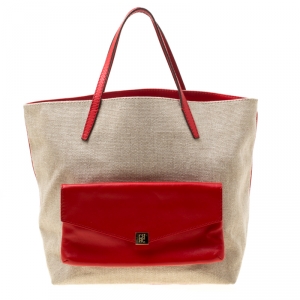 Pre Owned Carolina Herrera Beige/Red Canvas and Leather Shopper Tote