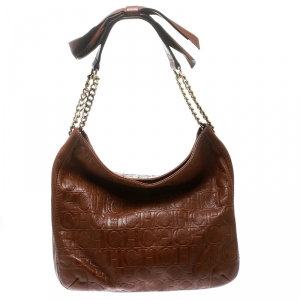 Pre Owned Carolina Herrera Brown Monogram Leather Bow Hobo