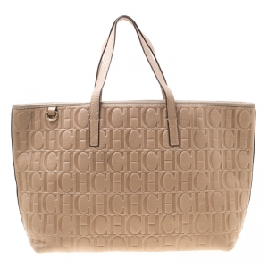 Pre Owned Carolina Herrera Beige Monogram Leather Shopper Tote