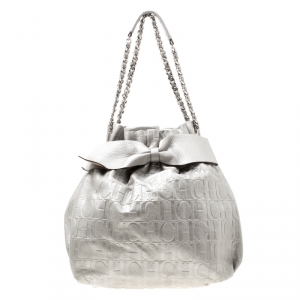 Carolina Herrera Silver Monogram Leather Bow Bucket Hobo