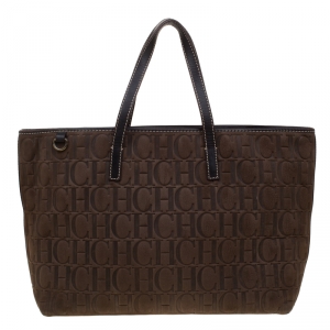 Pre Owned Carolina Herrera Brown Monogram Embossed Nubuck Shopper Tote