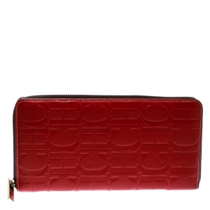 Pre Owned Carolina Herrera Red Monogram Leather Zip Around Wallet