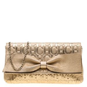 Pre Owned Carolina Herrera Gold Monogram Leather Bow Bag