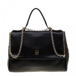 Carolina Herrera Black Leather Minuetto Flap Top Handle Bag