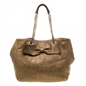 Pre Owned Carolina Herrera Gold Monogram Leather Audrey Tote