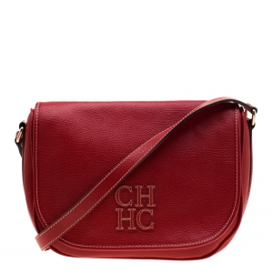 Pre Owned Carolina Herrera Red Leather Flap Crossbody Bag