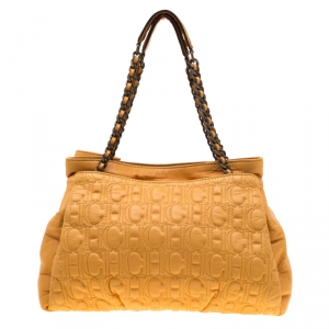 Carolina Herrera Yellow Monogram Leather Chain Tote