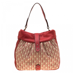 Pre Owned Carolina Herrera Red Canvas and Leather Monogram Hobo