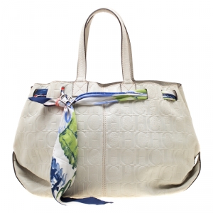 Pre Owned Carolina Herrera Off White Monogram Embossed Scarf Tote