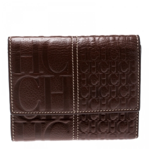 Pre Owned Carolina Herrera Brown Monogram Leather Tri Fold Compact Wallet