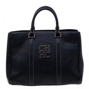 Pre Owned Carolina Herrera Navy Blue Leather Matteo Tote