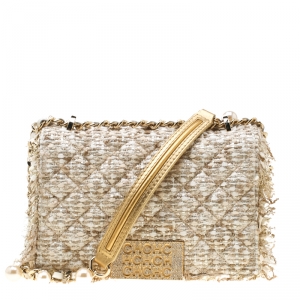 Pre Owned Carolina Herrera Beige/Silver Tweed and Fabric Faux Pearl Embellished Shoulder Bag
