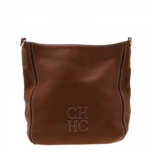 Carolina Herrera Brown Pebbled Leather Messenger Bag