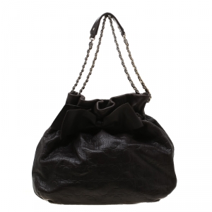 Pre Owned Carolina Herrera Dark Brown Monogram Embossed Leather Bow Bucket Shoulder Bag