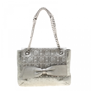 Pre Owned Carolina Herrera Silver Metallic Monogram Leather Audrey Shoulder Bag