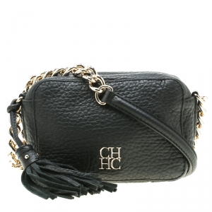 Pre Owned Carolina Herrera Black Leather Mini Tassel Crossbody Bag