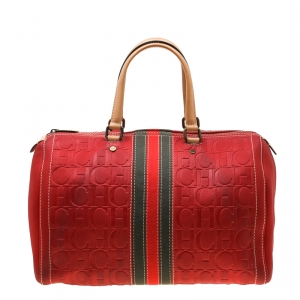 Carolina Herrera Red Leather and Stripe Fabric Large Andy Boston Bag