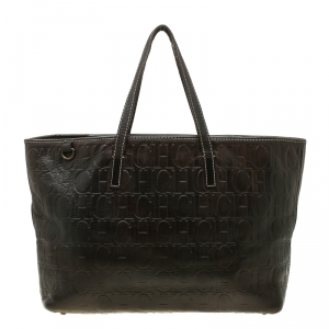 Carolina Herrera Brown Monogram Leather Shopper Tote