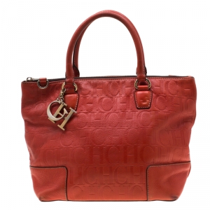 Pre Owned Carolina Herrera Orange Monogram Embossed Leather Tote