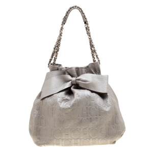 Pre Owned Carolina Herrera Silver Monogram Embossed Leather Bow Bucket Shoulder Bag